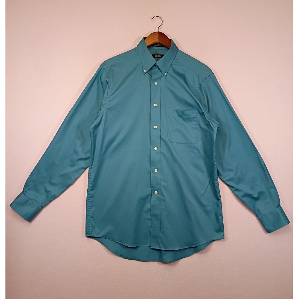 Classic Preppy IZOD Mens Medium Teal Wrinkle Free Twill Long Sleeve Button Down